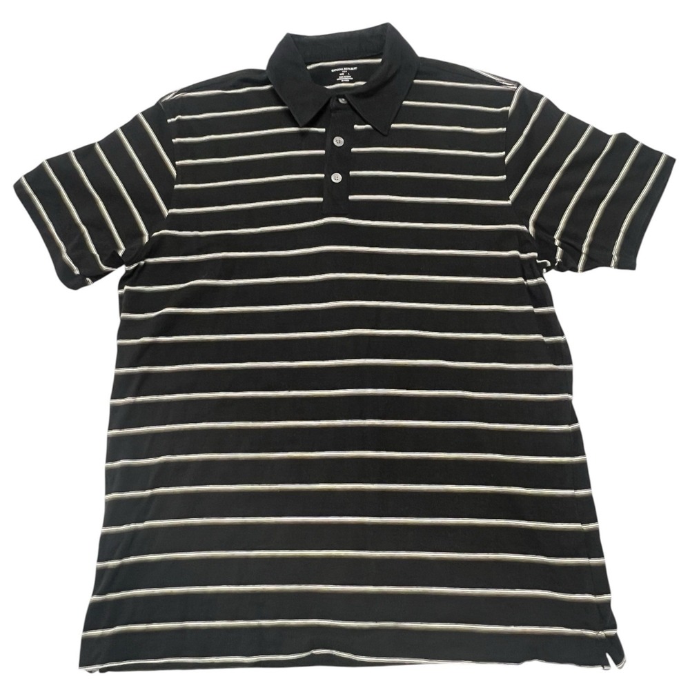 Banana Republic Men's Large Black White Brown Striped Short Sleeve Polo Shirt